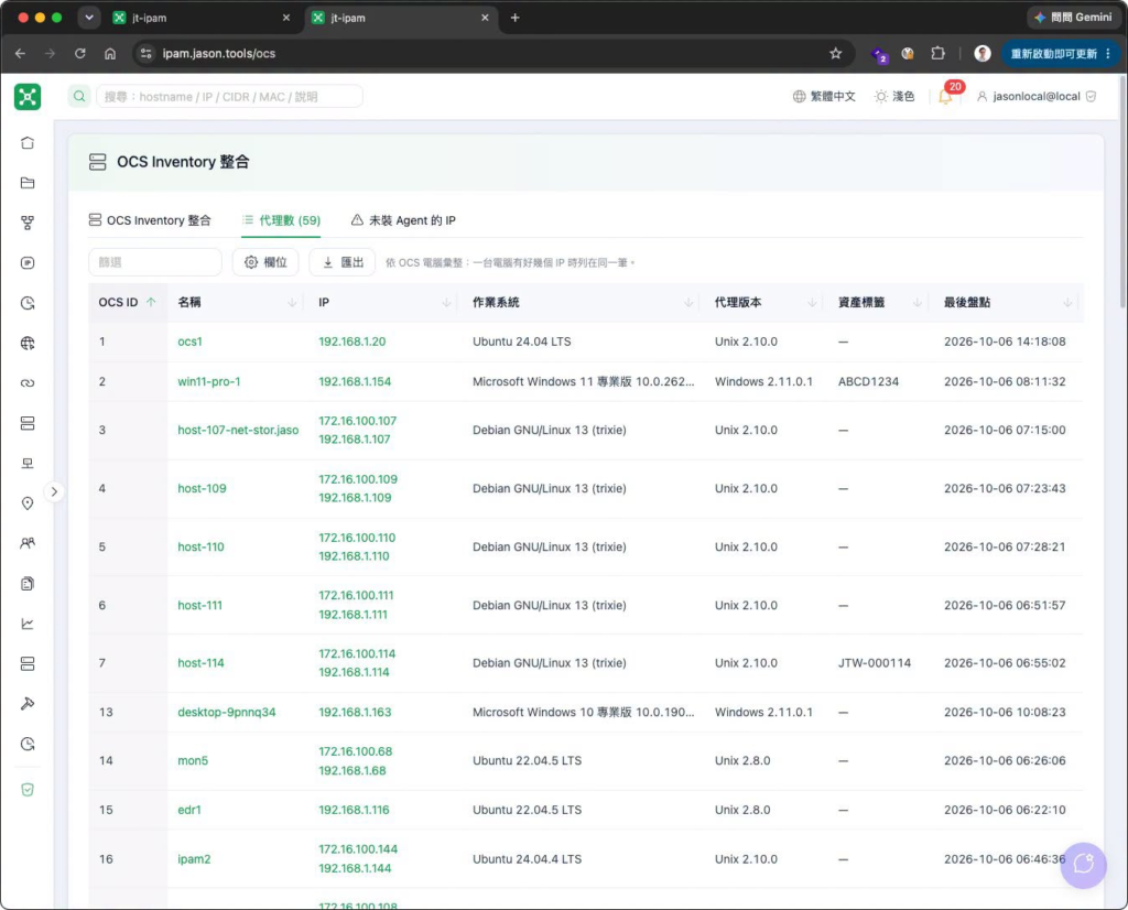 OCS 整合設定頁:已同步的電腦清單,以及對應的 IP 與裝置