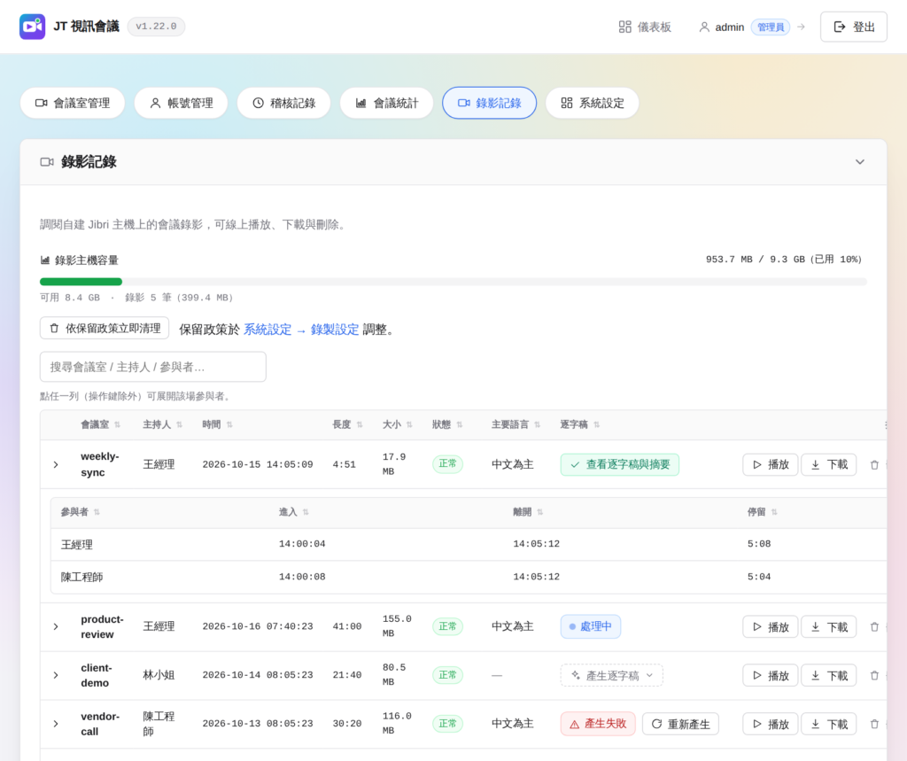 錄影記錄：每場會議的主要語言與逐字稿處理狀態，展開可看參與者進出時間