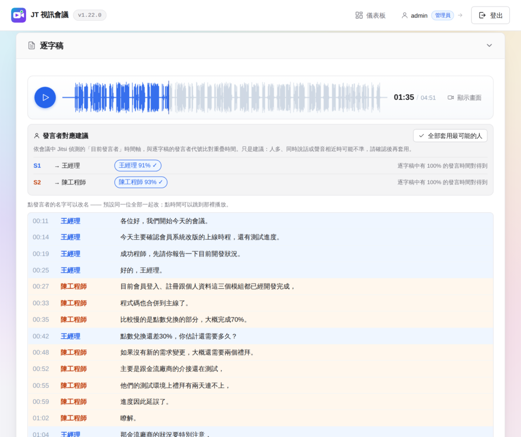 逐字稿：依 Jitsi 發言者時間軸建議 S1、S2 各是哪位參與者，可一鍵套用