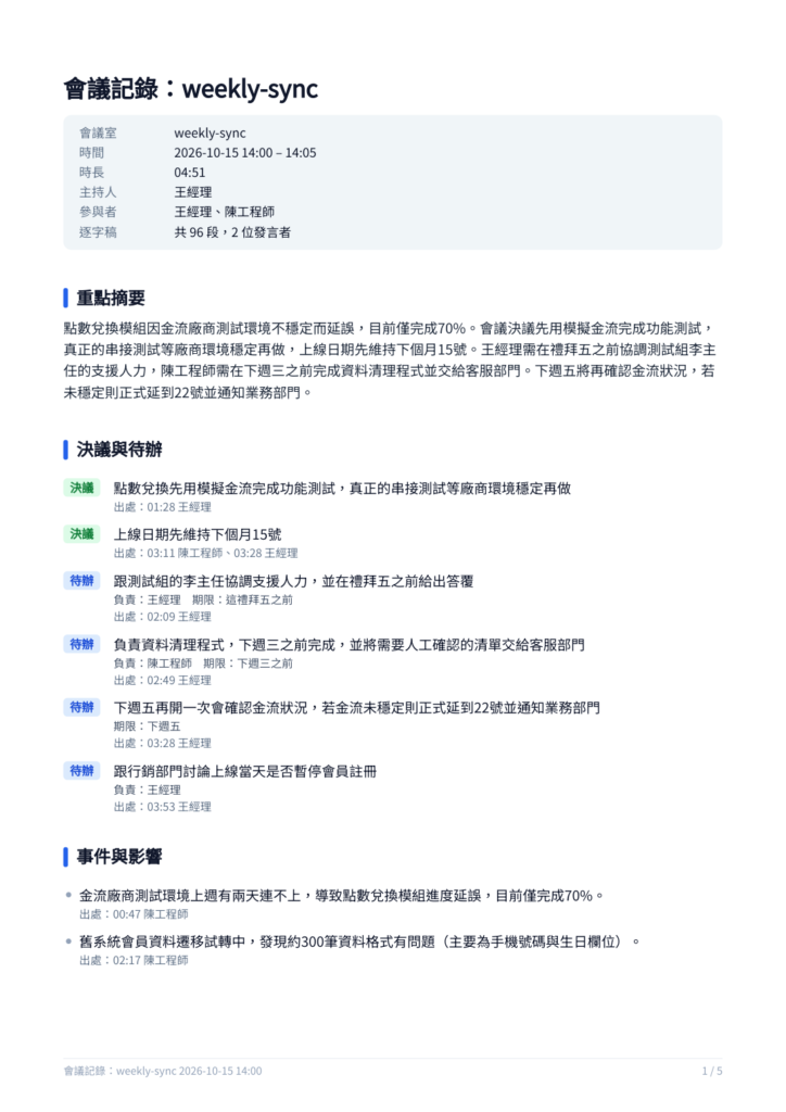 匯出的 PDF 會議記錄：會議資訊、重點摘要、決議與待辦、事件與影響
