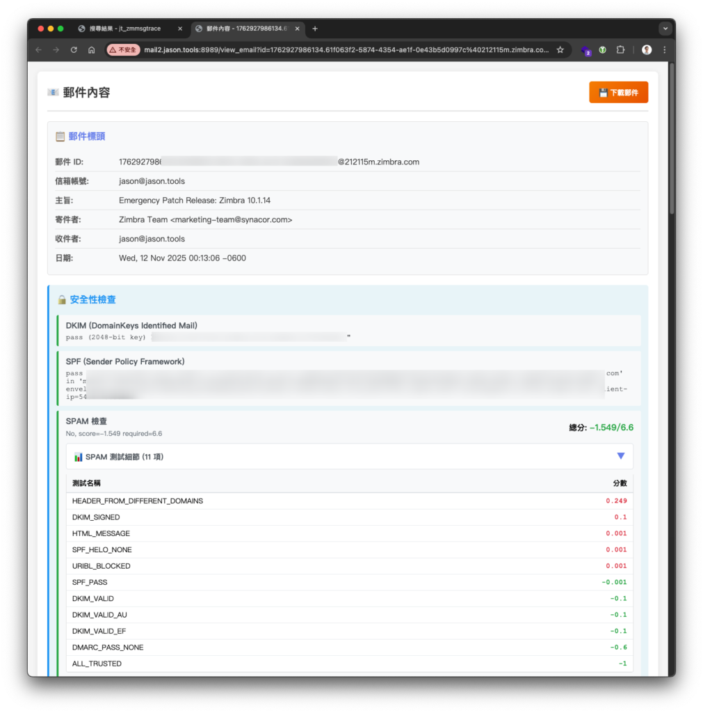 郵件內容:主要表頭、DKIM/SPF 結果與垃圾郵件評分明細