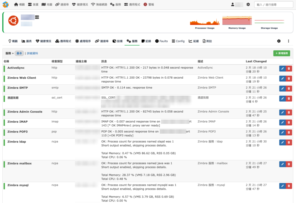 LibreNMS 裝置的服務頁：HTTP、SMTP、IMAP 等用內建外掛，檢查類型 ncpa 的幾列是用 NCPA 檢查 Zimbra 各服務的程序