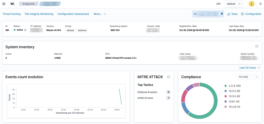 Wazuh Dashboard 的 Agent 頁面：狀態 active，版本 v4.14.8，同時屬於 default 與 pfsense 群組